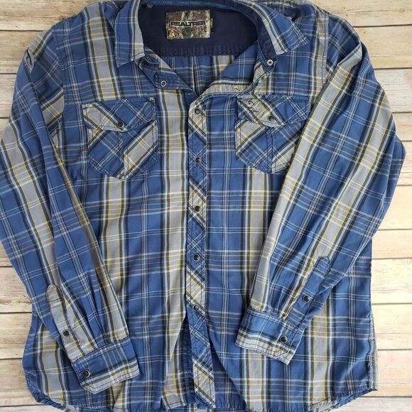 Realtree Blue Plaid Mens Large Snap Button Up Shirt Long Sleeve - Picture 5 of 8
